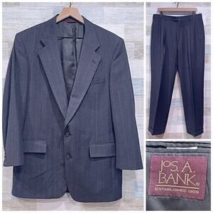Jos A Bank Flannel Striped Suit Gray Vintage USA Made Mens 42L 36W Pleated Pants